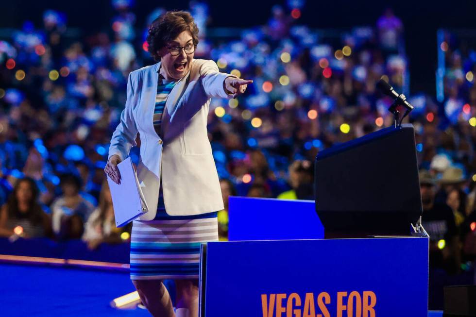 U.S. Senator Jacky Rosen, D-Nev., speaks to a crowd during a campaign event for Democratic pres ...