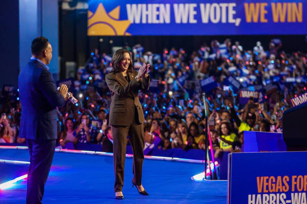 Democratic presidential nominee Vice President Kamala Harris speaks to a crowd during a campaig ...