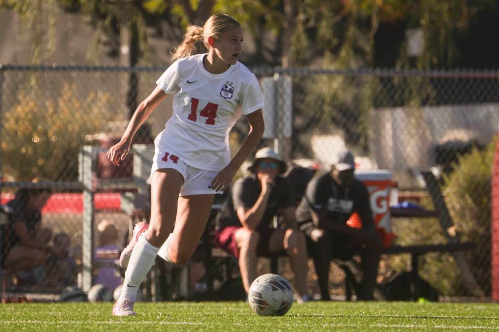 Coronado's Allison Kleiner (14) moves the ball during a soccer game at Faith Lutheran High Scho ...