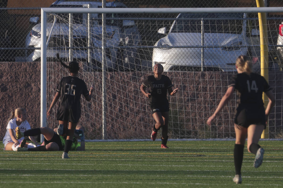 Faith Lutheran's Briana Lee (10) reacts after scoring against Coronado in a soccer game at Fait ...