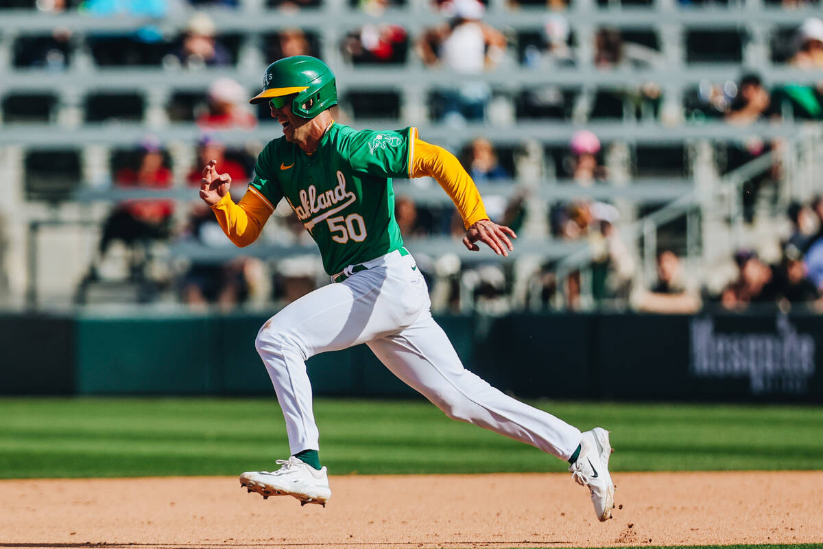 Oakland A’s infielder Armando Alvarez (50) runs to third base during a Big League Weeken ...