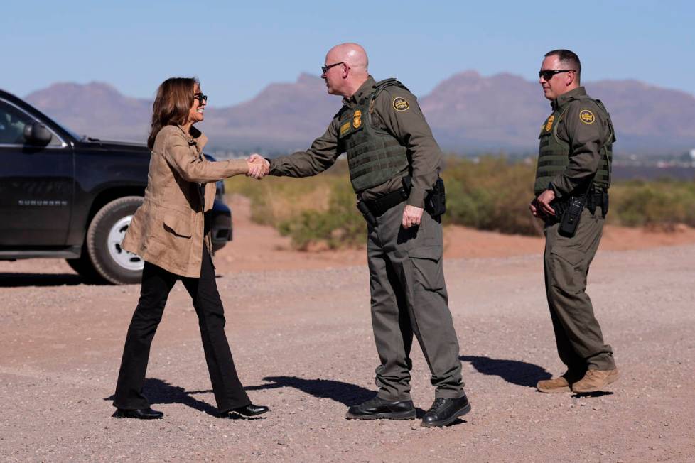 Democratic presidential nominee Vice President Kamala Harris greets members of the U.S. Border ...