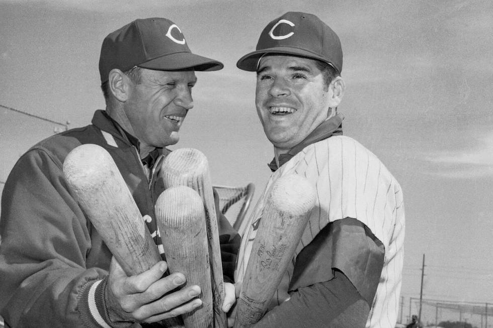 Cincinnati's Reds manager Dave Bristol and Pete Rose are the happy duo as Rose made his first a ...