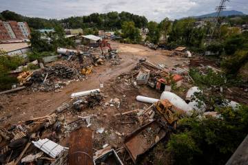 Debris is seen in the aftermath of Hurricane Helene, Monday, Sept. 30, 2024, in Asheville, N.C. ...