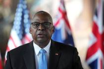 FILE - Secretary of Defense Lloyd Austin speaks in Greenwich, London, Sept. 26, 2024. (AP Photo ...