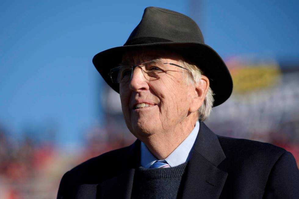 Broadcaster Brent Musburger is honored after being inducted into the Las Vegas Bowl Hall of Fam ...