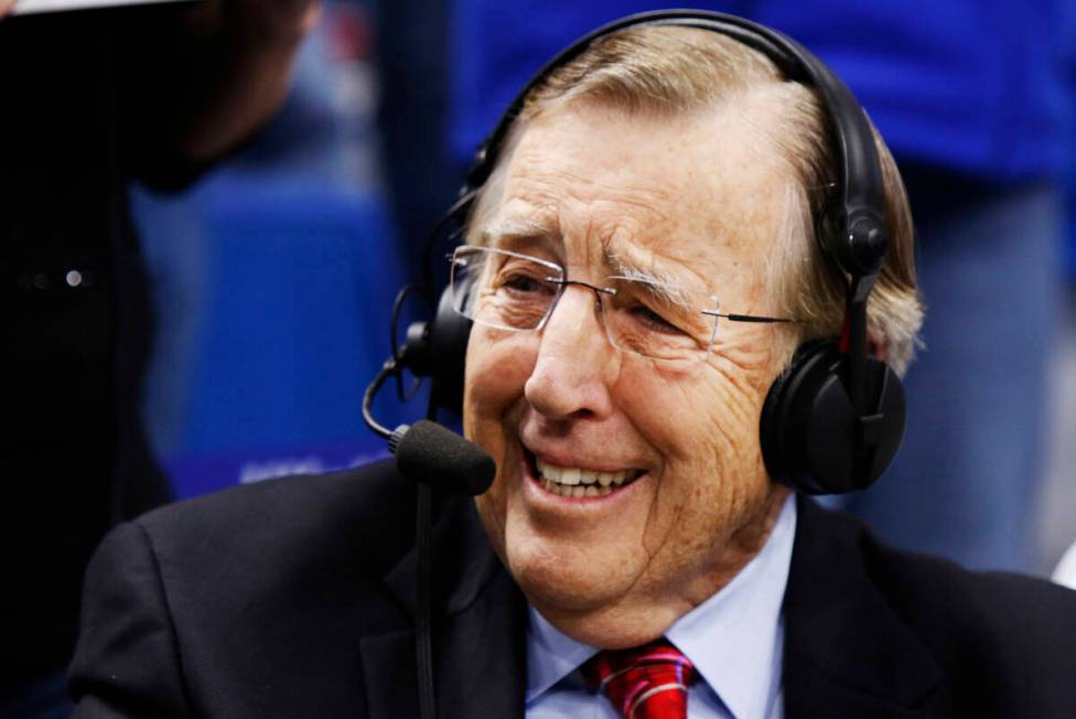 Veteran broadcaster Brent Musburger prepares for his last broadcast prior to an NCAA college ba ...