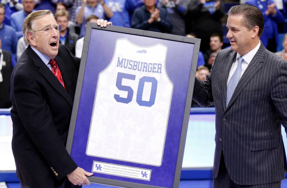 FILE - In this Jan. 31, 2017, file photo, veteran broadcaster Brent Musburger, left, is presen ...