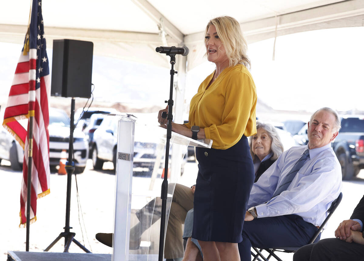 Henderson Mayor Michelle Romero speaks as Gov. Joe Lombardo and Dina Titus look on before parti ...