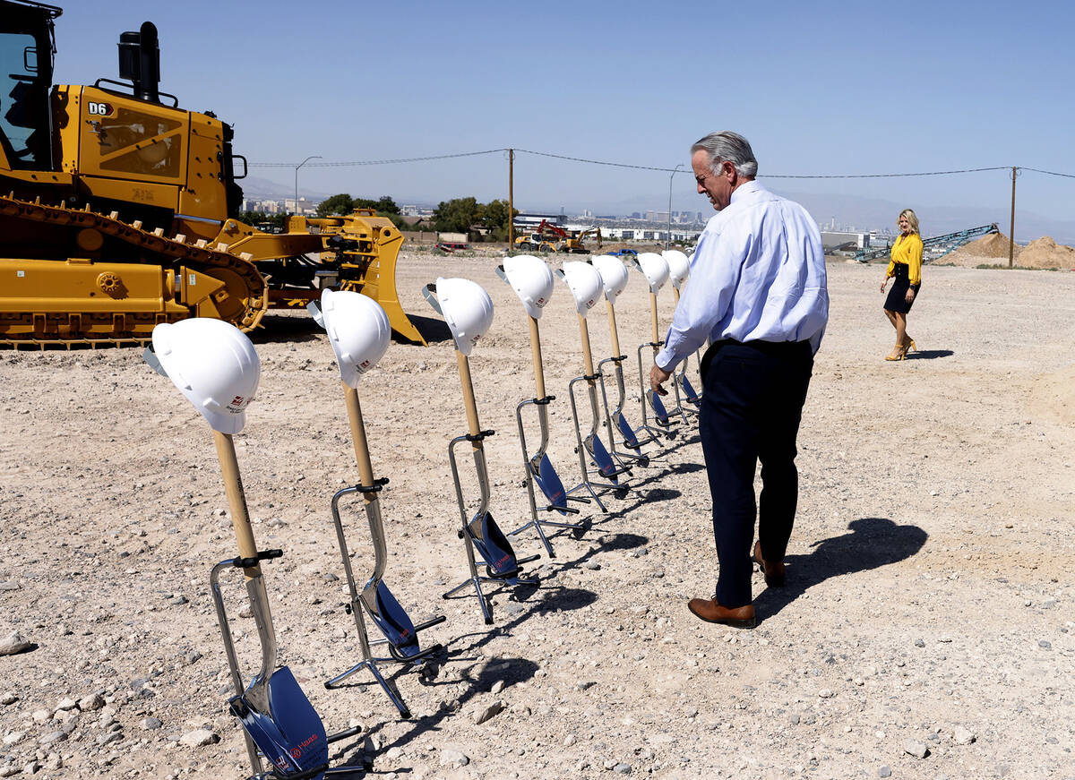 Gov. Joe Lombardo and Henderson Mayor Michelle Romero, take their positions as they prepare to ...