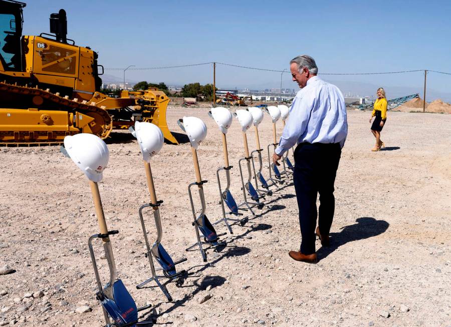 Gov. Joe Lombardo and Henderson Mayor Michelle Romero, take their positions as they prepare to ...