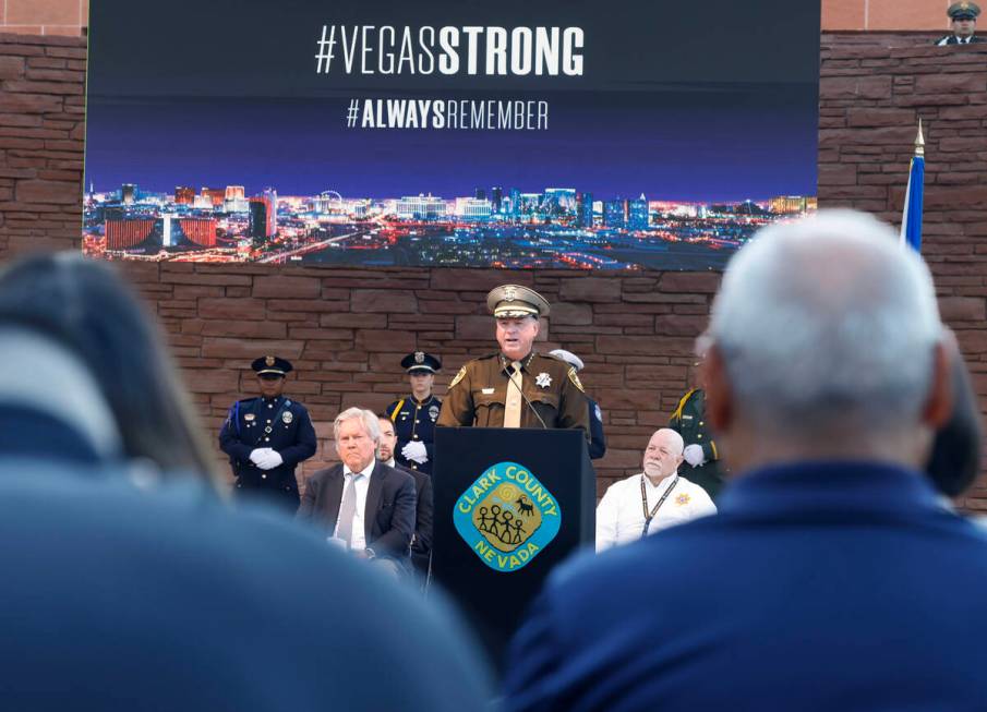 Clark County Sheriff Kevin McMahill speaks during the1 October Sunrise Remembrance ceremony at ...