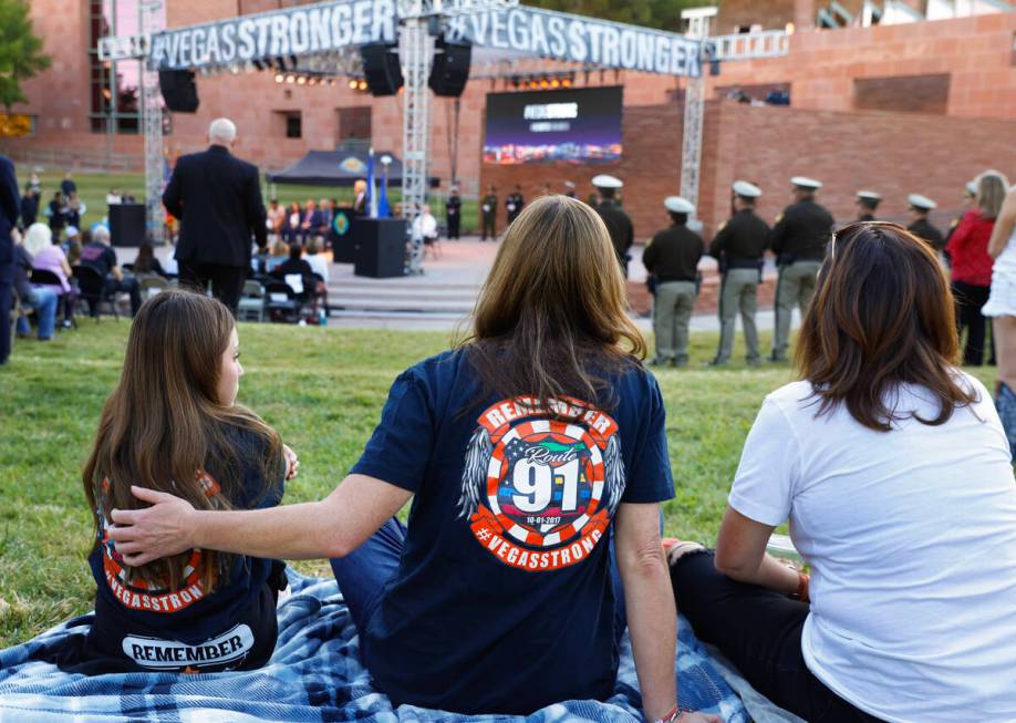 Brynn Sager, 12, left, and her mother Joy attend the 1 October Sunrise Remembrance ceremony at ...