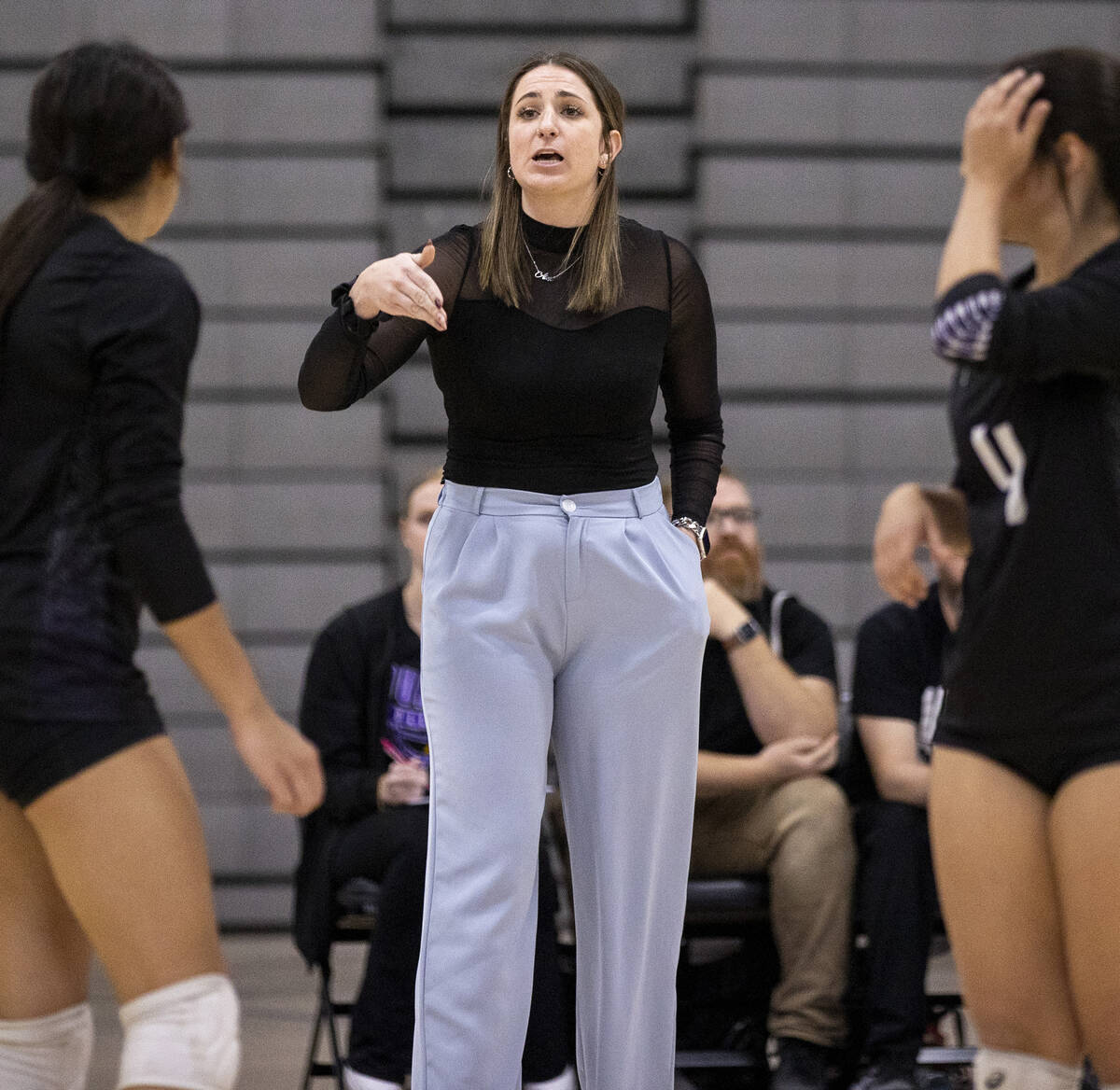 Durango Head Coach Nicole Murphy talks to her team during the high school volleyball game again ...