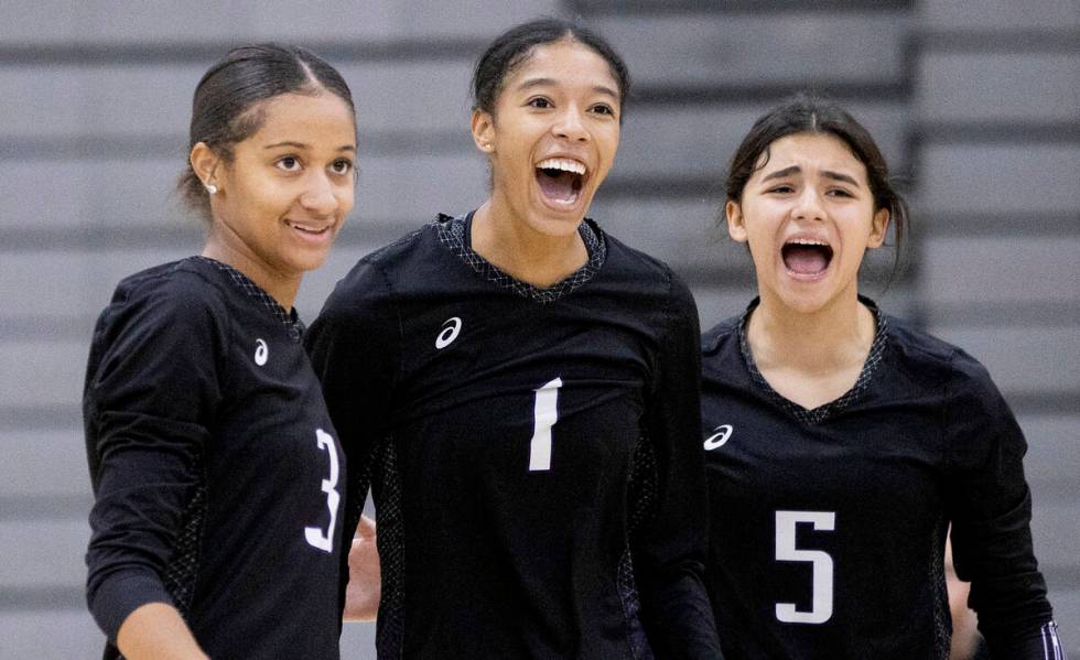 Durango senior Alana Riddick (3), sophomore Taylor Anderson (1) and junior Maya Dominguez (5) c ...