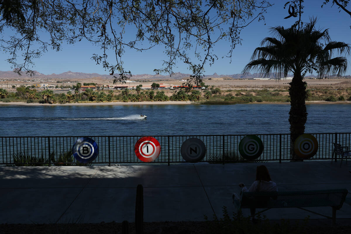 A jet ski passes the riverwalk outside Edgewater casino-resort on Tuesday, Sept. 17, 2024, in L ...