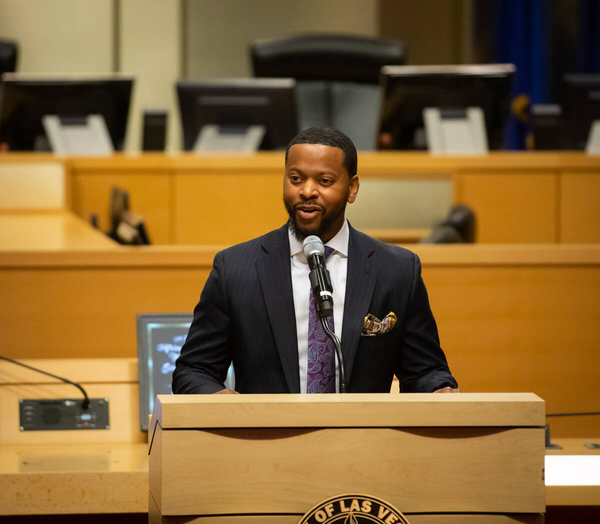 Commissioner William McCurdy II speaks at Las Vegas City Hall on Thursday, Jan. 19, 2023. (Las ...