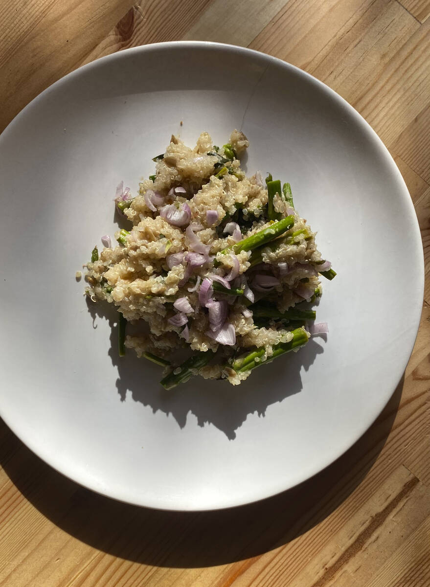 This image shows a recipe for quinoa pilaf with asparagus, from the book "The High-Protein ...