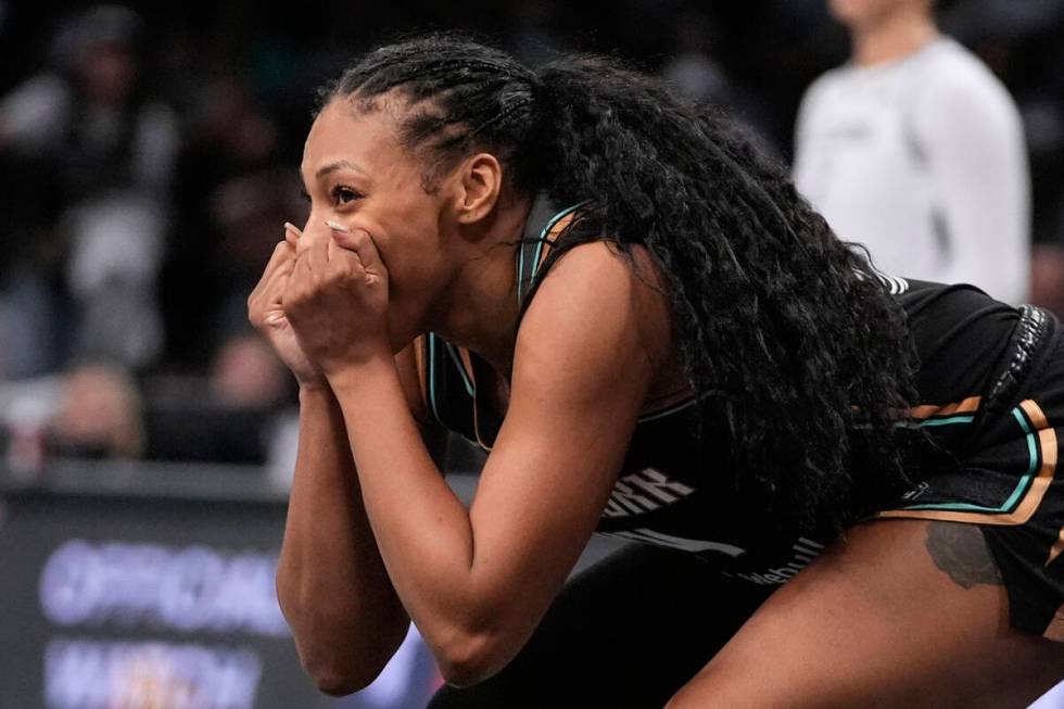 New York Liberty's Betnijah Laney-Hamilton reacts to a call during the second half of a WNBA ba ...