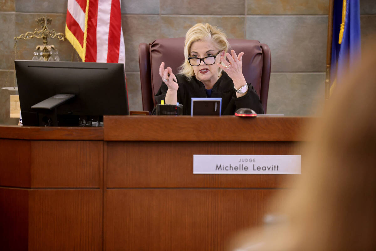 District Judge Michele Leavitt presides in court during a hearing for Robert Telles at the Regi ...