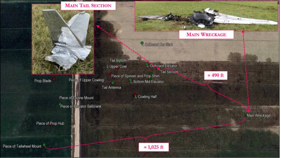 A map of the main debris field for the Globe Swift GC-1B that crashed near the Minden-Tahoe Air ...