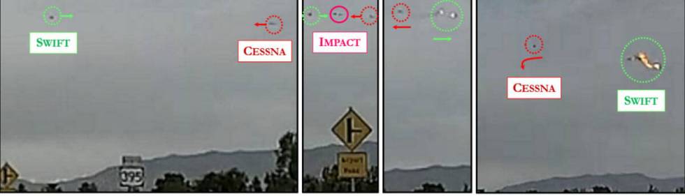 Clips of dashcam footage showing the seconds before and after a Cessna T206H and a Globe Swift ...