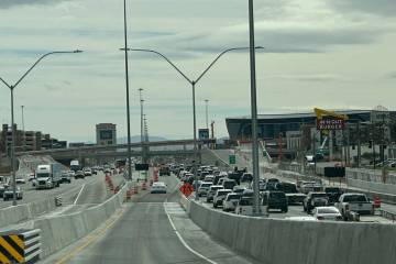 Traffic on Interstate 15 southbound seen from the Harmon Avenue HOV drop lane on-ramp on Feb. 1 ...