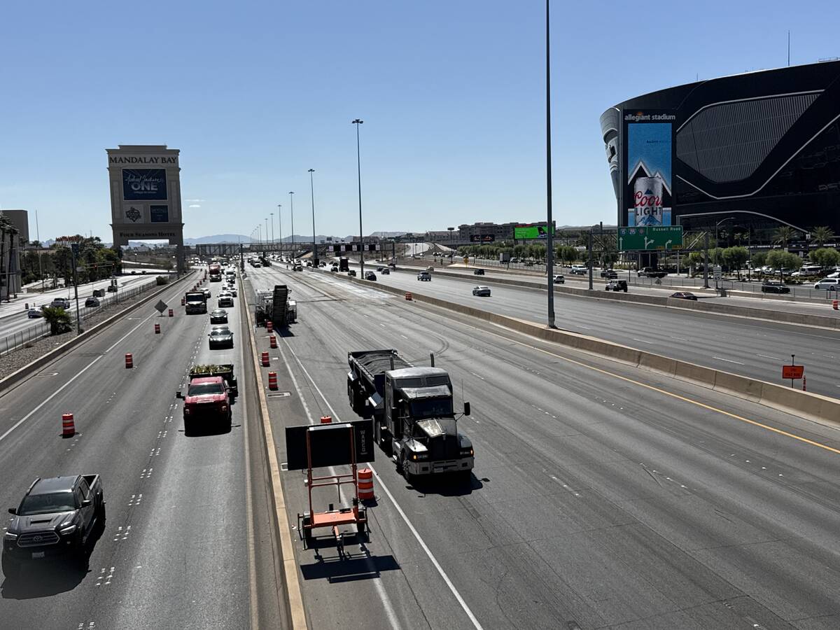 Paving operations occur on Interstate 15 near Allegiant Stadium on Saturday, Sept. 28, 2024. (M ...