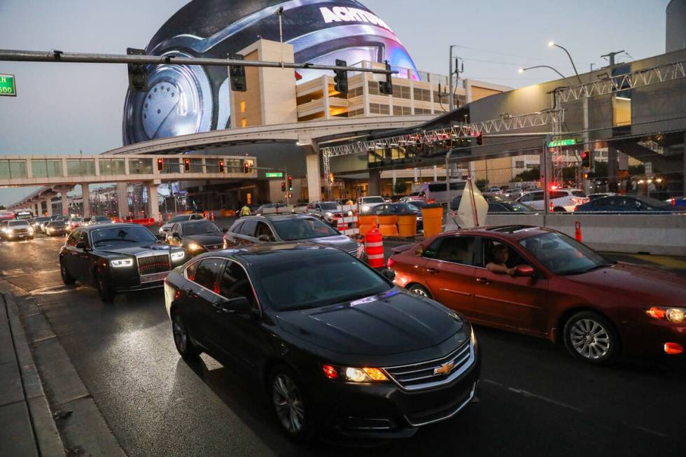 Traffic is backed up on both eastbound and westbound Sands Avenue near the Sphere as constructi ...