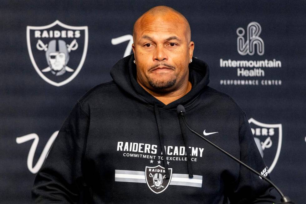 Raiders head coach Antonio Pierce addresses the media during a news conference at the Intermoun ...