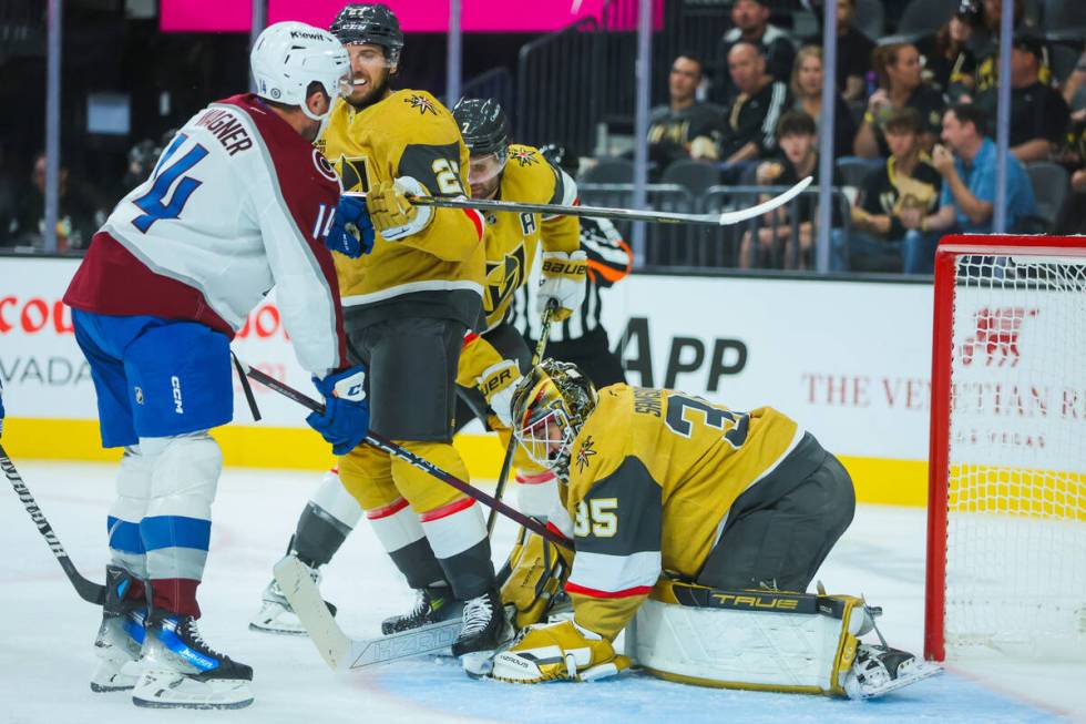 Golden Knights goalie Ilya Samsonov (35) makes a save during the second period of a preseason N ...