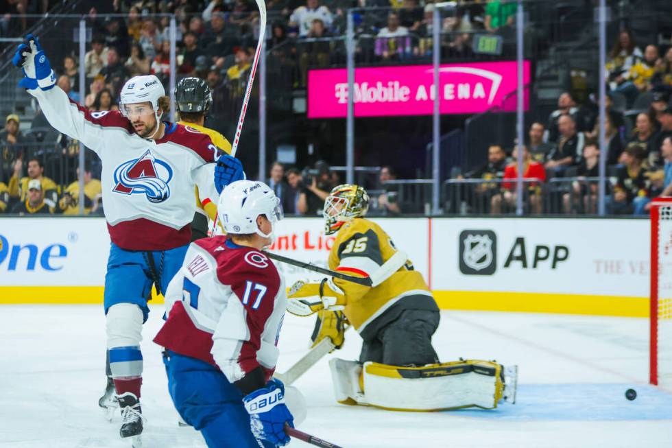 Colorado Avalanche left wing Miles Wood (28) celebrates the Avalanche scoring another goal duri ...