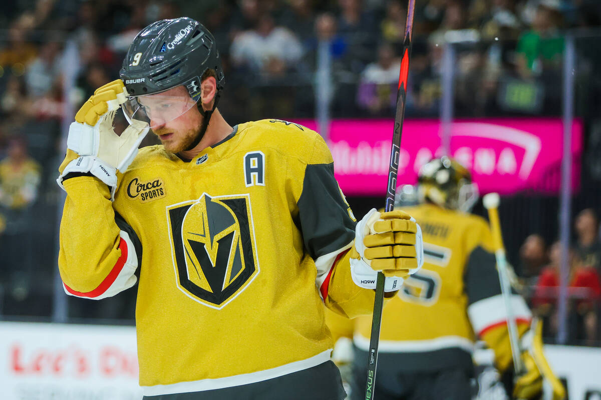 Golden Knights center Jack Eichel (9) skates off after the Colorado Avalanche score a goal duri ...