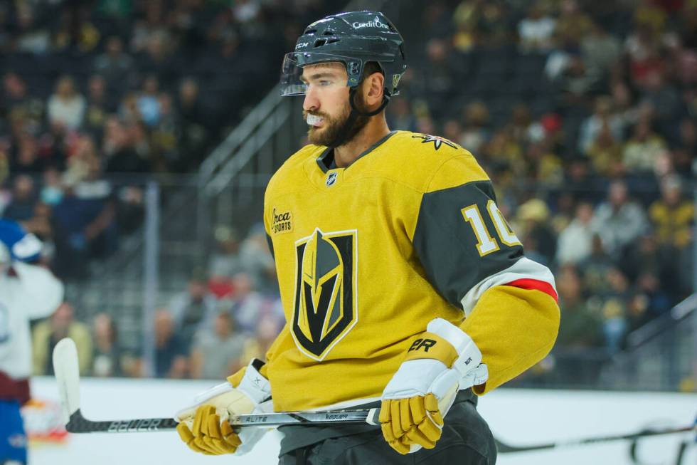 Golden Knights center Nicolas Roy (10) skates down the ice during the second period of a presea ...