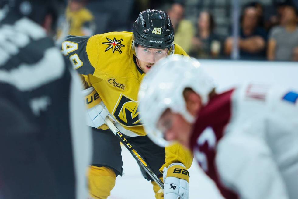 Golden Knights center Ivan Barbashev (49) waits for the puck to drop during the third period of ...