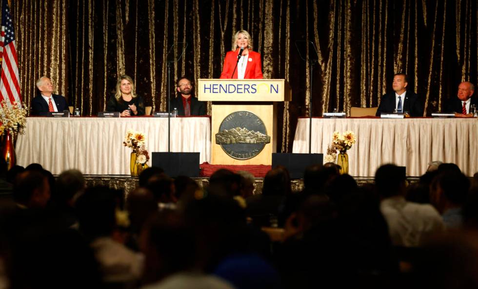 Henderson Mayor Michelle Romero delivers her State of the City address as (left to right) Counc ...