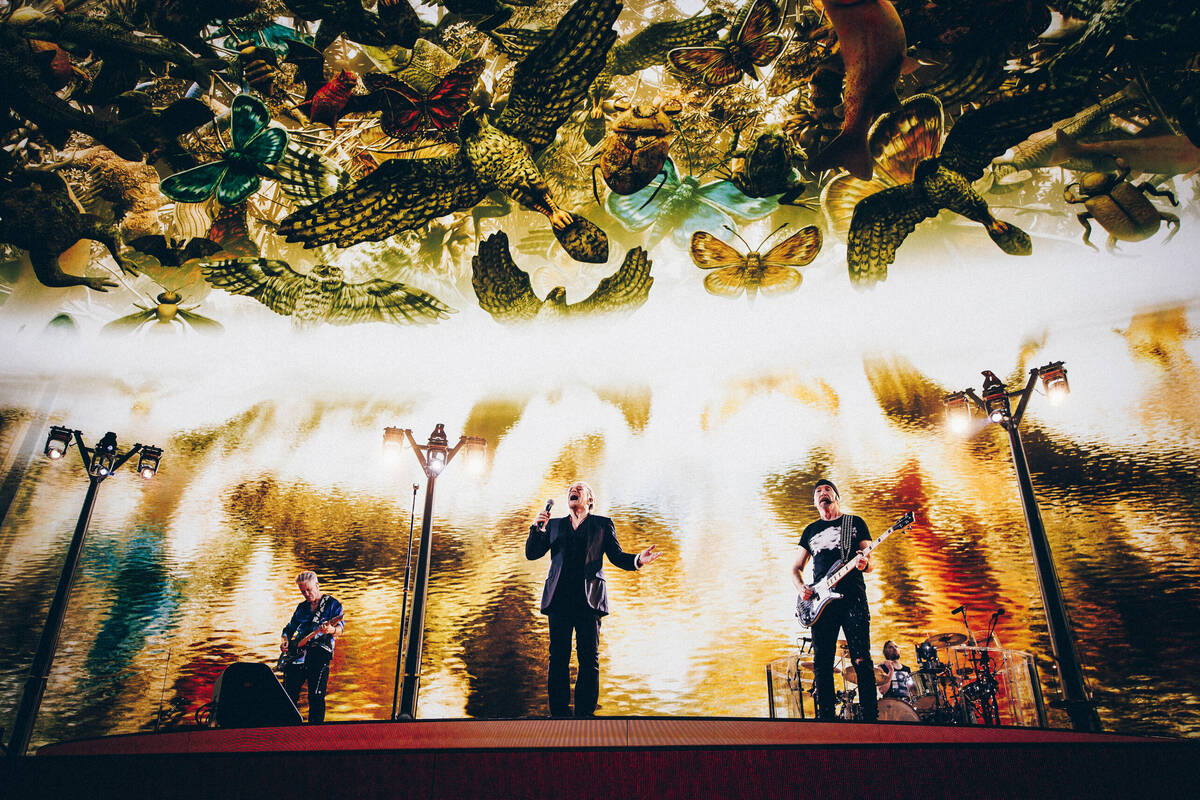 U2 performs surrounded by "Nevada Ark," a visual art piece created by Es Devlin that depicts Ne ...