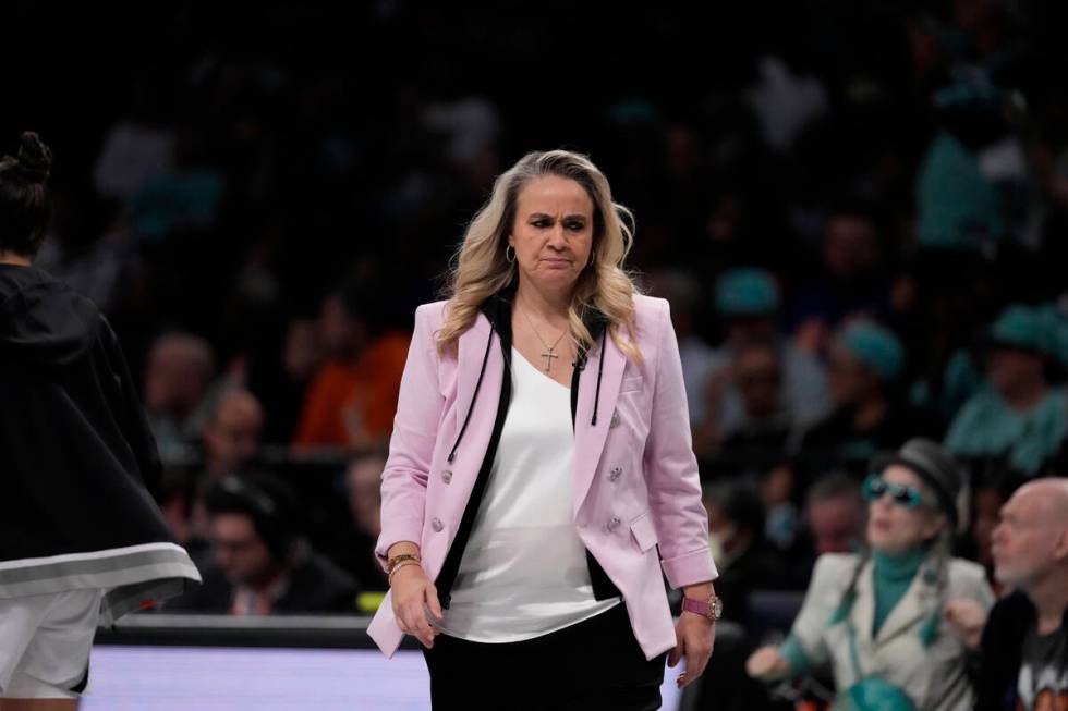 Las Vegas Aces head coach Becky Hammon during the first half of a WNBA basketball semifinal gam ...