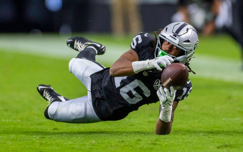 Raiders wide receiver Jakobi Meyers (16) dives for a long reception attempt against the Clevela ...