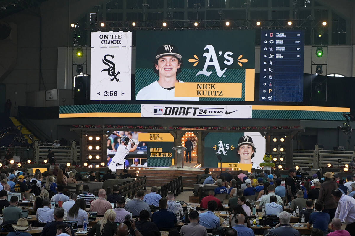 A photo of Nick Kurtz is shown on the large video board after the Oakland Athletics selected Ku ...