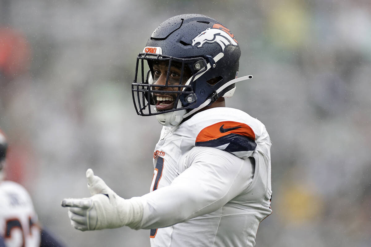 Denver Broncos linebacker Jonathon Cooper (0) reacts during an NFL football game against the Ne ...