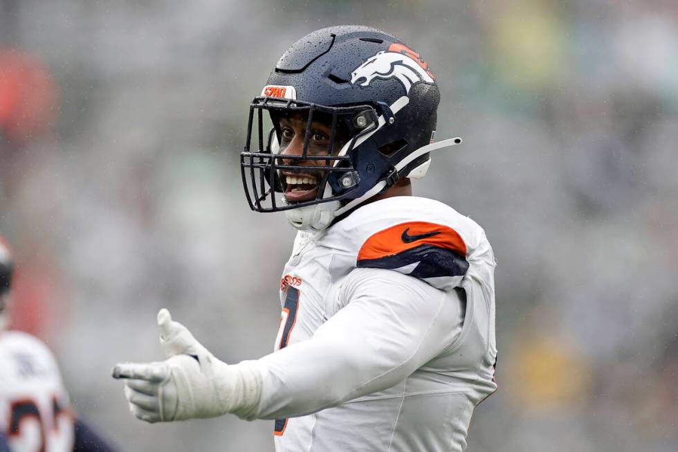 Denver Broncos linebacker Jonathon Cooper (0) reacts during an NFL football game against the Ne ...