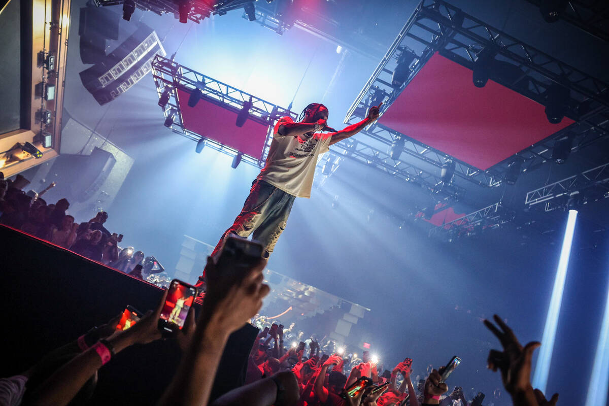 Travis Scott performs at Zouk Nightclub at Resorts World Las Vegas on Saturday, Sept. 17, 2022. ...