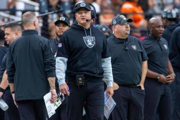 Raiders Offensive Coordinator Luke Getsy works the sidelines against the Cleveland Browns durin ...