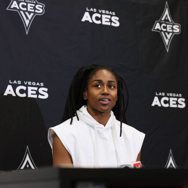 Las Vegas Aces guard Tiffany Hayes speaks at the team’s first practice back following th ...