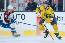 Golden Knights center Tomas Hertl (48) hurries the puck across the ice during the third period ...