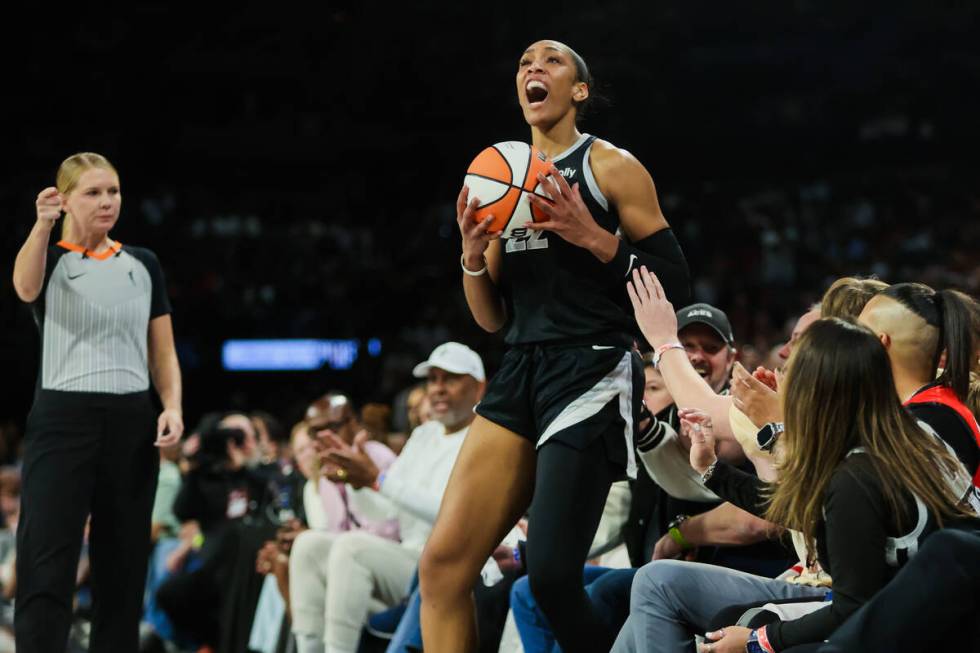 Aces center A'ja Wilson (22) yells after going out of bounds with the ball during game three of ...