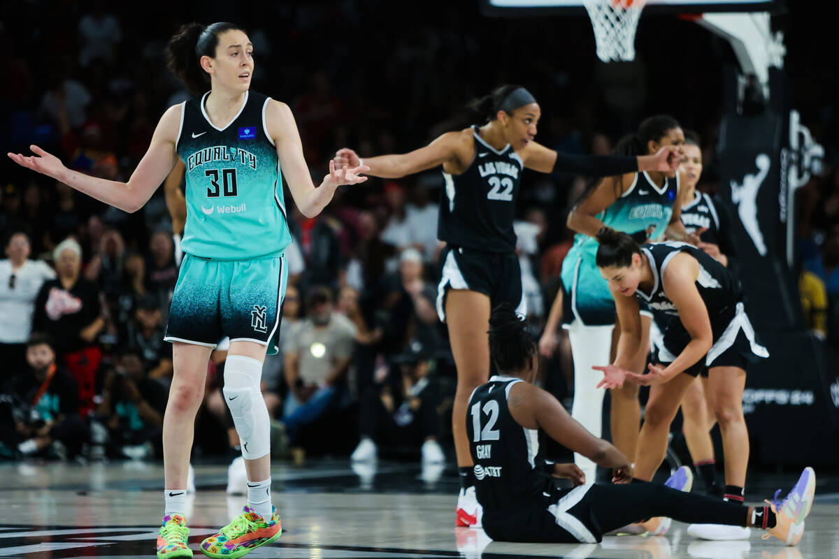 New York Liberty forward Breanna Stewart (30) reacts after is called on her during game three o ...