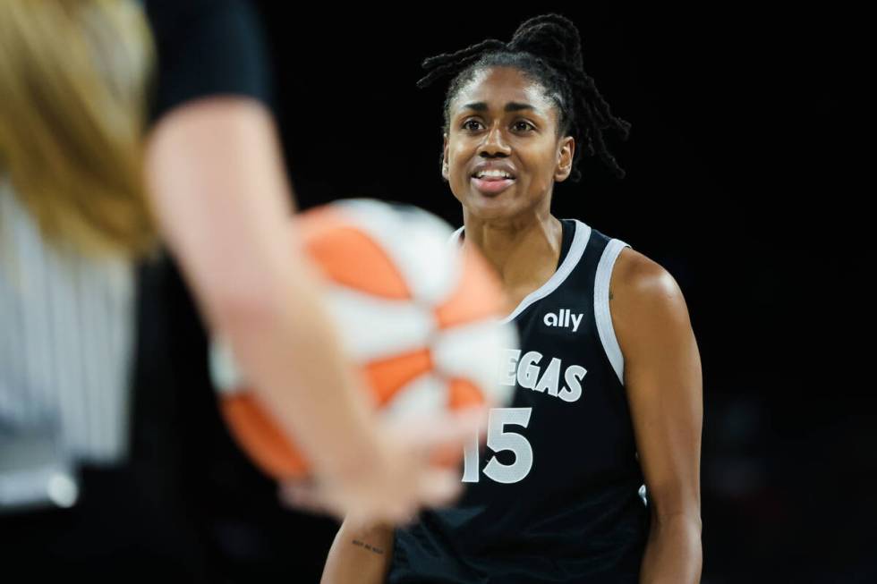 Aces guard Tiffany Hayes (15) tries to reason with a referee during game three of a WNBA semifi ...