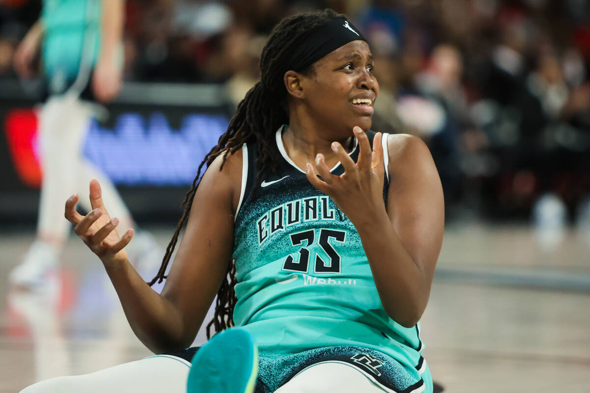 New York Liberty forward Jonquel Jones (35) reacts to a call from a referee during game three o ...